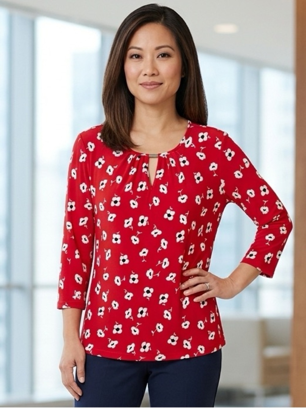 Liz Claiborne Career Petite Red Floral Keyhole Blouse 3/4 Sleeve PL
